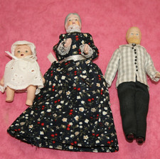 THREE DOLLS HOUSE FIGURES, DOLLS, OLD LADY, BEARDED MAN, BABY, CHINA LEGS, HEADS