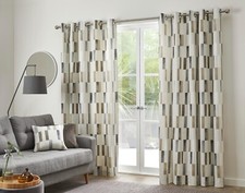 Fusion Oakland Block Print 100% Cotton Eyelet Fully Lined Curtains Pair Natural