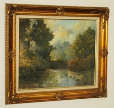 LEWIS CREIGHTON (1918–1996) Framed Oil Painting River in Countryside Landscape