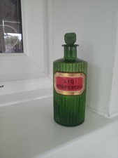 Vintage green French Apothecary glass bottle 7"