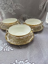 COALPORT WHITE ANNIVERSARY SET 3 TWO HANDLED SOUP BOWLS & SAUCERS EXCELLENT