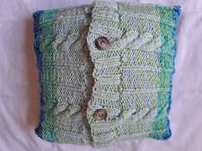 Hand Knitted Green Aran Cable MOP Button Up Cushion Cover approx 30 x 30cm