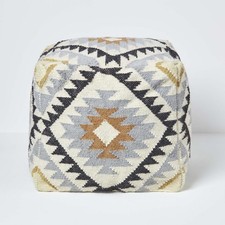 Handmade Kilim Pouffe Black Gold 43x43cm Wool Cotton Indian Geometric Agra