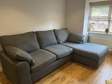 M&S Grey Fabric Corner Sofa with Left Head Chaise and Footstool with Wood Feet