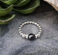 Sterling Silver & Hematite Thumb Ring 925 Stretch Beaded Stacker Ring By INKA