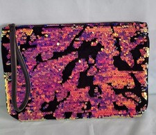 PRIMARK BRUSHED SEQUIN BLACK VELOUR EVENING ZIP CLUTCH WRISTLET BAG .