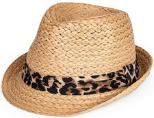 Trilby sun hat straw style leopard animal print band womens ladies summer