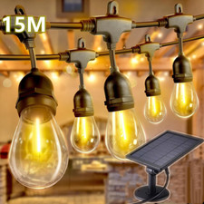 15M/49FT Solar S14 Festoon String Lights 15 LED Bulbs Waterproof Outdoor Patio