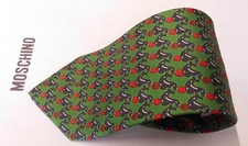 Moschino Green With A Repeating Seal , Heart & Peace Logo Design Silk Mens Tie