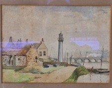 Lighthouse, Cottages, River, Bridge, Framed, Mounted Watercolour, 42×50 cm, NDD.