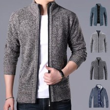 Mens Jacket Outwear Coat Casual Knitted Fleece Lined Cardigan Zip Sweater Jumper
