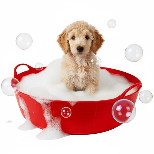 Red dog bath - dog, bath,
