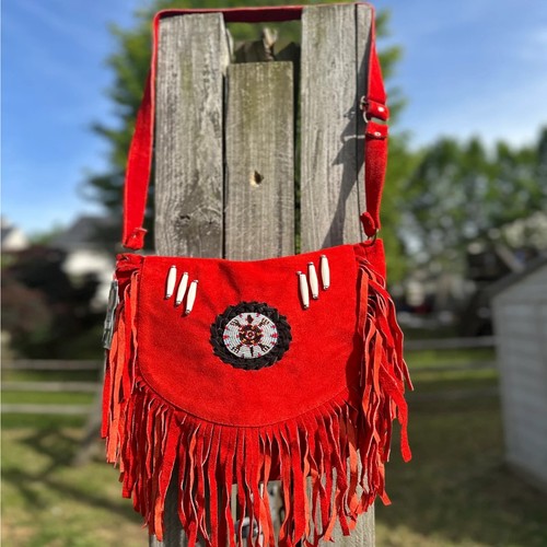 Red suede leather fringe boho - red,