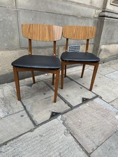 Chairs Dining Kitchen X 2 Teak & Formica Black Leatherette Mid Century 
