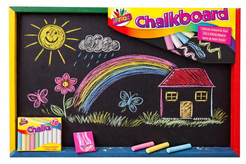 Wooden black board with chalks - with,