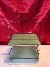 VINTAGE 2 TIER CHROME GREEN PATTERNED FROSTED GLASS CAKE STAND ART DESCO STYLE
