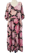 HM Smock Dress Floral Hydrangea Black Pink Floaty Puff Sleeve Tiered V Neck S