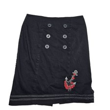 Living Dead Souls Women's Black Button-Front Skirt Roses Anchor Embroidery  L