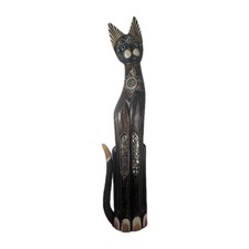 Wooden Cat Sculpture Statue 80 Cm Glass Decorated Primitive Art Retro Kitty L32