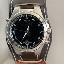 Pulsar Men's Dual Time Digital & Analogue Brown Leather Strap Watch PM7009X1