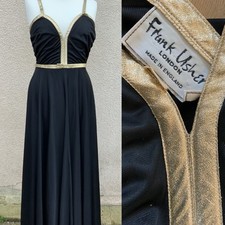 VINTAGE FRANK USHER 70’s BLACK GOLD GRECIAN SLINKY DRESS FESTIVAL 8 Triacetate