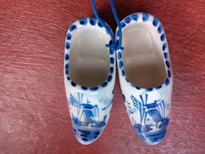 Hand Painted Ceramic Delfts Miniature Clogs, Holland, In Blue Very Pretty Items.
