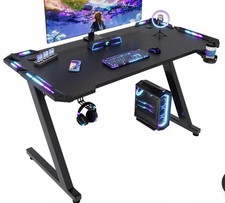 Black LED Gaming Desk with Cup Holder and Headphone Hook