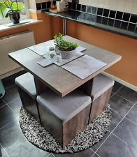 Compact Dining Table and 4 Ottoman Chairs Set Space Saving Storage Kitchen Grey