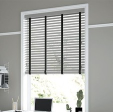 NEW Faux Wood Grey Venetian Blind 50mm Slat with Black Tape/String
