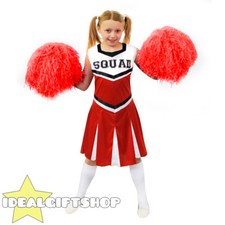 CHILDS RED HIGH SCHOOL CHEERLEADER GIRLS FANCY DRESS COSTUME WITH POM POMS