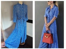 ZARA Blue Marilyn Spotty Maxi Belted Shirt Dress Pockets Blogger Fave Large?