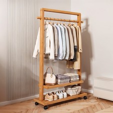 Bamboo Wooden Clothes Rail Rack Garment Hanging Stand Shoe Storage Shelf Wheels