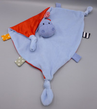Kiddicare Blue Red Hippo Baby Comforter Blanket Blankie Soother Taggie