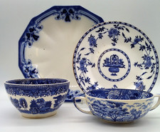 Vintage English Blue & White China 4 Items Woods Ware Old Willow Minton Royston