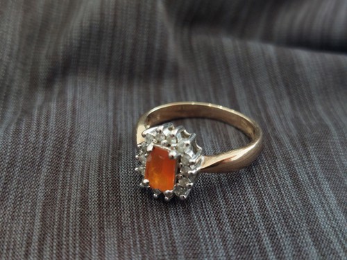 Fire opal and diamond cluster - and,