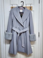 Ted baker grey long coat size 2 removable fur cuffs (UK size 10)