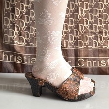 90's Vintage wooden flower print slide heeled sandals in brown & orange