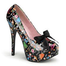 UK 6 PinUp Couture Teeze 12 Black Patent Muertos Print 5.75" Heel Platform Pumps