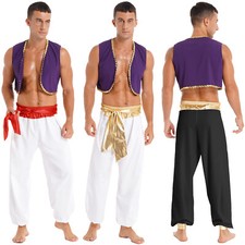 Mens Arabian Prince Cosplay Fancy Dress Halloween Costume Tops with Belted Pants