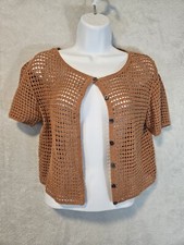 Vintage Open Hand Knit LIMITED Sweater M Cardigan Boho Beach Linen Cotton Orange