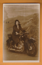 Motorcycle- Woman on Coventry Eagle Motorcycle.  Blackpool  Studio  Postcard