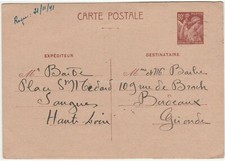 Postal Stationery France, 1941. Saugues to Bordeaux.   