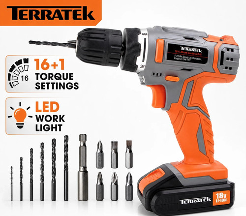 Terratek 18v cordless drill - 18v, drill-
