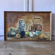 Vintage Kitchen Table Garlic Fruit Still Life Oil Painting