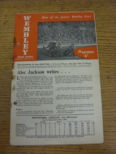 1947 speedway programme - 02/10/1947,