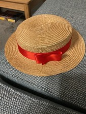 Vintage  Woven Straw Boater Hat With Ribbon Band 3