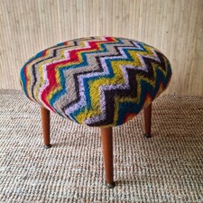 Fab Vintage Retro Footstool Pouffe Dansette Legs Multi Rainbow Zigzag Wool