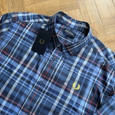 BNWT Fred Perry Check Shirt Long Sleeve Mens Midnight Blue White Red Extra Large