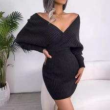 Women's Sexy V Neck Sweater Dress Batwing Sleeves Slim Knitted T Wrap Hip Dress