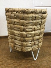 Round Woven Water Hyacinth Plant Pot Holder on White Hairpin Legs